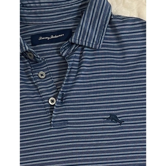 TOMMY BAHAMA  Men's Medium Blue Striped Short Sleeve Golf Polo Shirt - Picture 7 of 8